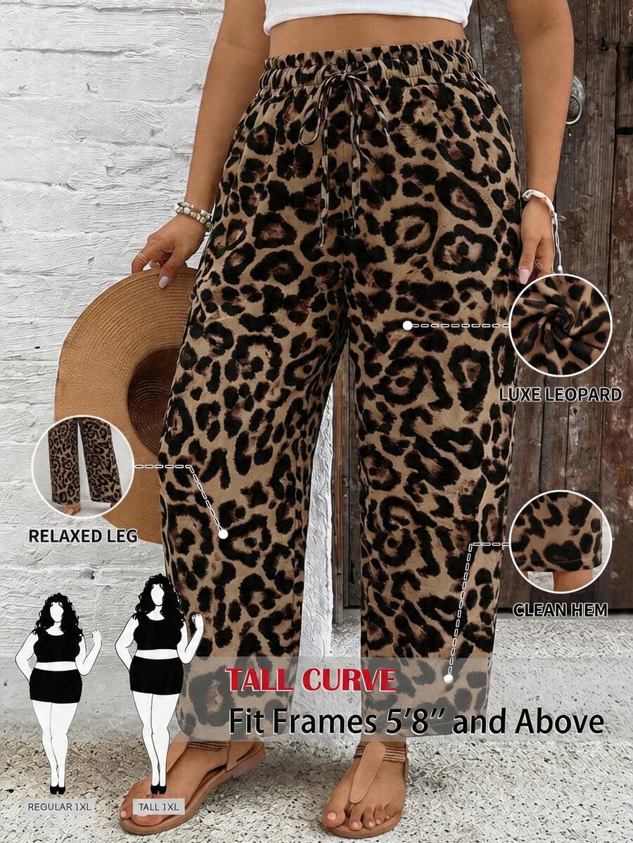 SHEIN Tall CURVE Plus Size Women Leopard Print Loose Casual Pants,Beige Summer Boho Beach Holiday Drawstring Waistband Striped Fashion Elegant Vacation Y2K Outing - Brown - View 1