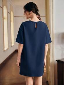 Anewsta Solid Color Loose Lace Patchwork Short Sleeve Straight Dress For Women - Navy Blue - View 2