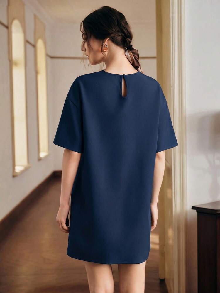 Solid Color Loose Lace Patchwork Short Sleeve Straight Dress For Women