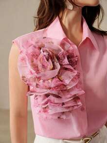 BELROSIE Romantic Elegant Pink & Multi-Color Floral Rose Print Organza Layered Sleeveless Collared Blouse Top, Versatile For Work, Casual, Party, Holiday - Pink - View 1