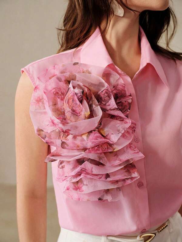 Aveloria Rosie Áo kiểu không tay cổ bẻ xếp lớp, chất liệu organza, họa tiết hoa hồng nhiều màu sắc, lãng mạn và thanh lịch, đa năng, thích hợp cho công sở, thường ngày, dự tiệc hoặc đi nghỉ lễ.