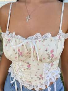 Vassilux Ladies' Fashionable Floral Print Shirred Lace Trim Tie Waist Tank Top,Summer Tops Casual - Multicolor - View 3