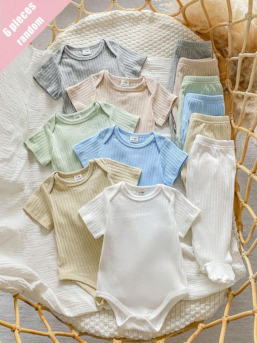 SHEIN （随机3套，共6套）新生儿短袖连体衣裤套装，罗纹纯色，柔软舒适的棉质家居服，湖绿色、白色和浅蓝色，简约四季皆宜，新生儿最佳礼物 - 彩色 - 查看 1