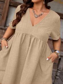Nubod Vestido corto de manga corta con cuello en V elegante y texturizado en línea A, adecuado para el uso diario en verano, tallas grandes para mujeres - Caqui - Ver 3