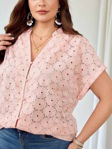 Rosumi Plus Size Women's Summer Elegant Pastel Pink Floral Embroidery Ruffle Collar Blouse,Everyday Casual Boho Hollow-Out Top,Vacation Country Style Shirt - Dusty Pink - View 8