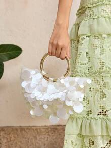 MOTF Bolso de mano de moda para mujer con perlas y lentejuelas, asa redonda, bolso semicircular exquisito, brillante y sencillo, adecuado para citas y fiestas, vacaciones de verano, viajes, , playa, bohemio, a juego - Lentejuelas Blancas - Ver 8