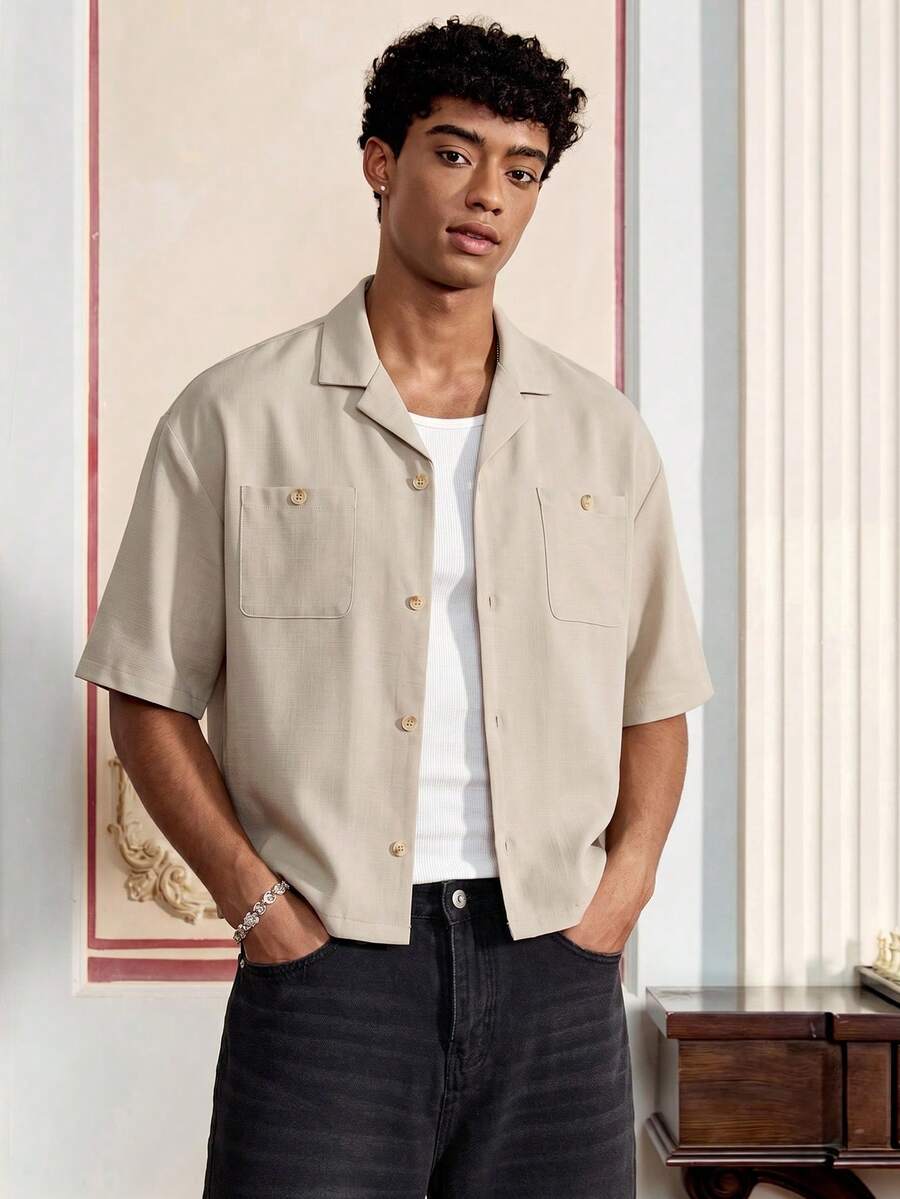 SWAVVY Men's Short Sleeve Single-Breasted Cargo Pocket Shirt, Holiday, Summer, Vacation - Beige - View 1
