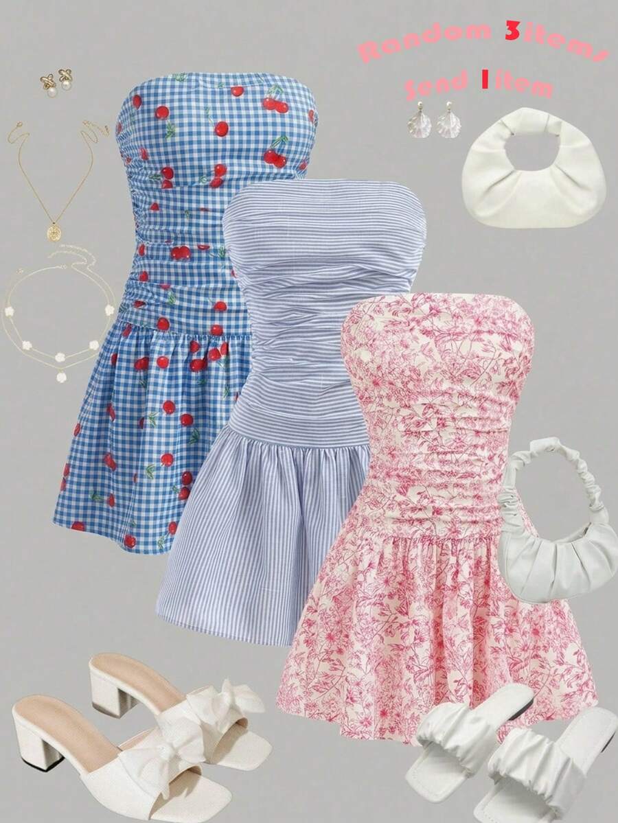 Girlism Đầm hai dây ngắn kẻ sọc xanh trắng cho bé gái tuổi teen, đầm mini dáng chữ A nhún eo thoải mái, thích hợp cho kỳ nghỉ. - Nhiều màu - Xem 1