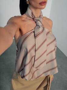 Hauture 女士性感休闲办公室条纹领带设计露背松紧带上衣 - 卡其色 - 查看 1