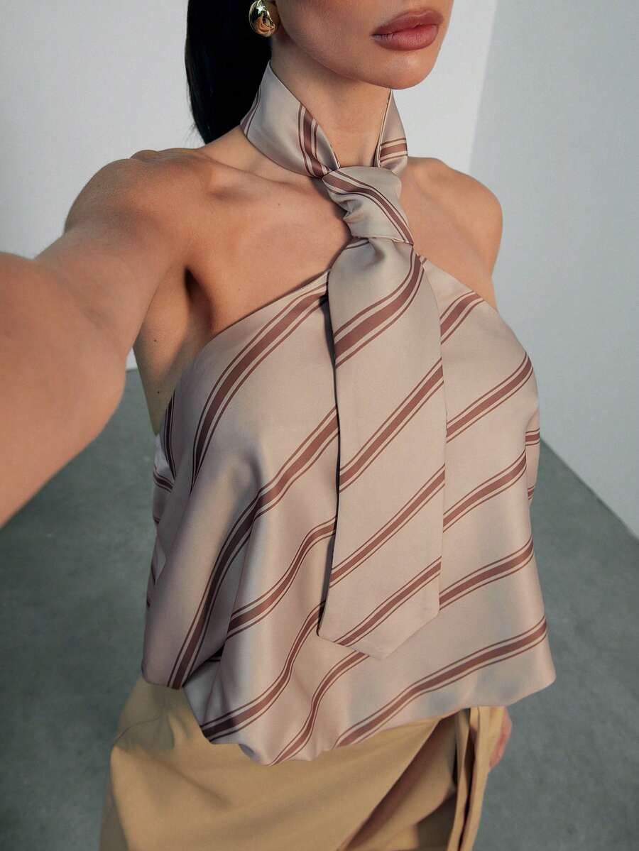 Hauture 女士性感休闲办公室条纹领带设计露背松紧带上衣 - 卡其色 - 查看 1