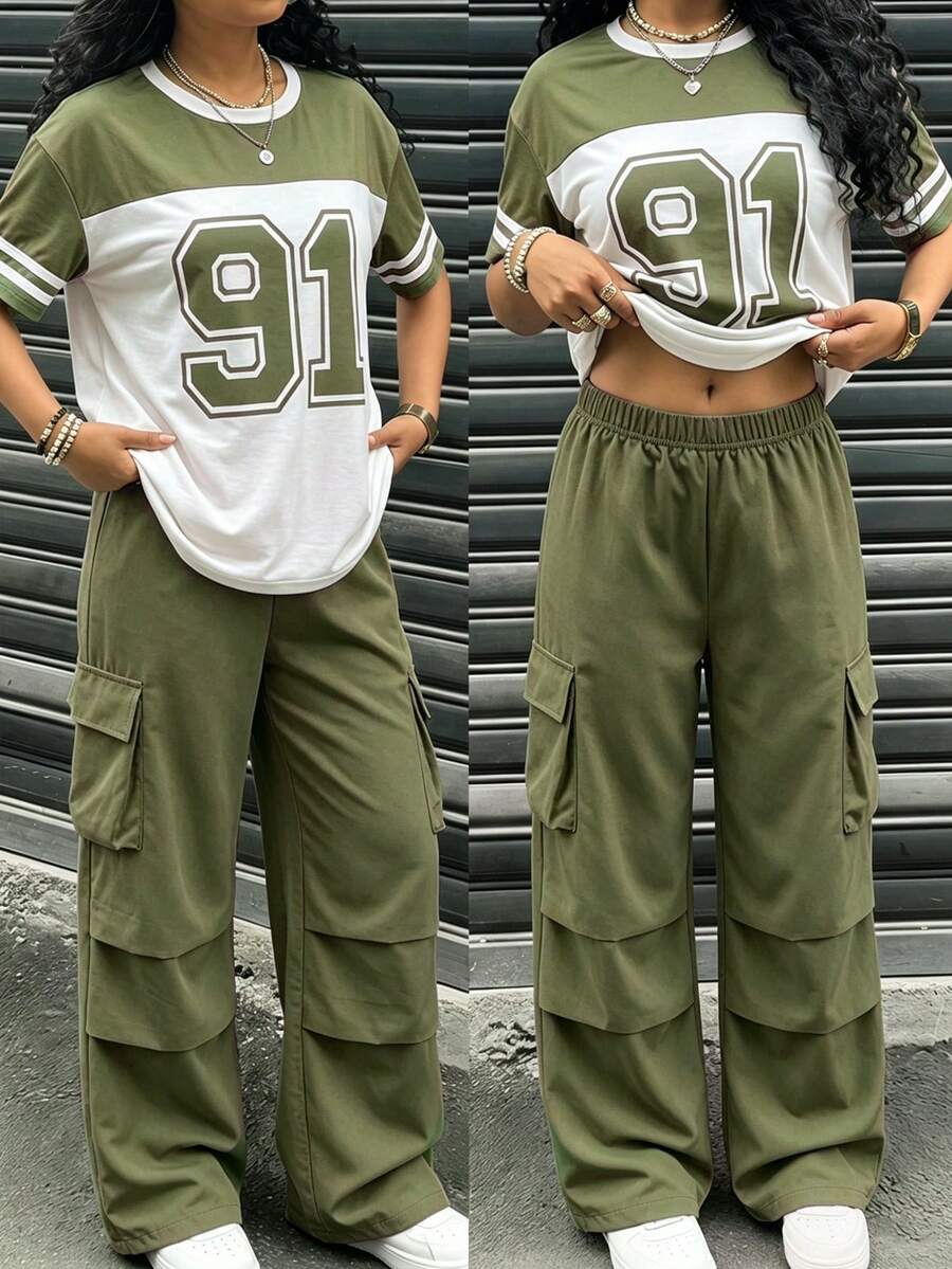 SHEIN 2pcs/Set Tween Girls Casual Cargo Pants Set,Green,Sagegreen,80s Back-To-School Outfit,Short Sleeve T-Shirtschool Trousers For Spring/Summer - Army Green - View 1