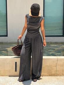 Livesso Conjunto de 2 piezas de top ajustado con pliegues de unicolor y pantalones de pierna ancha para mujer, estilo casual de vacaciones, primavera/verano/otoño - Gris - Ver 5