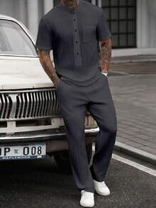 Manfinity CasualCool Men's Solid Color Short Sleeve Shirt And Pants Set - Dark Grey - View 5