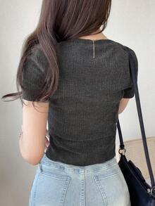 DAZY 女款純色荷葉邊前綁帶短袖休閒街頭風 Y2K 性感 T-shirt 夏季夜店穿搭 深灰色 - 灰色 - 查看 5