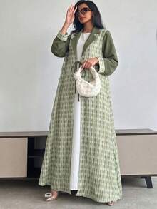 Yasmyna Women's Green Printed Patchwork Lapel & Tie-Waist Long Loose Robe Abayas - Green - View 1