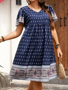 EMERY ROSE Vestido boho de manga corta con estampado floral azul marino para mujer de talla grande, vestido fluido, atuendos, vacaciones de verano casuales - Multicolor - Ver 1