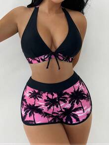 SHEIN Swim Conjunto de bikini de mujer con estampado de árbol de coco para playa de verano (estampado aleatorio) - Rosa - Ver 1