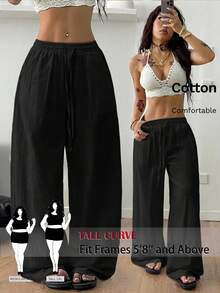 SHEIN Tall CURVE 大码女式休闲抽绳腰宽松阔腿裤，纯色，适合日常通勤 - 黑色 - 查看 9