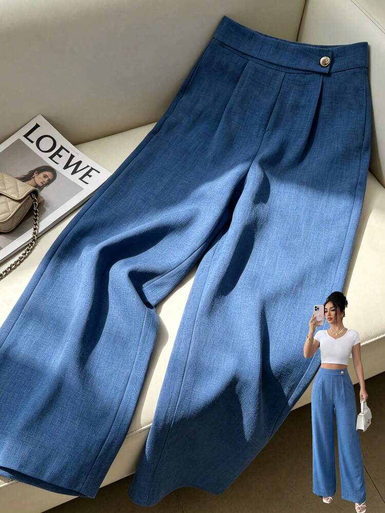 Qadelle Women's Solid Color Button Casual Versatile Daily Wear Wide Leg Pants - Blue - View 1