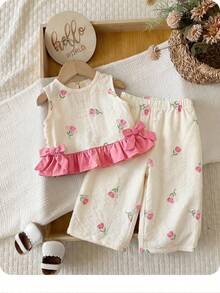Multicolor Polyester Ruffle Flounce Sleeve Tank Top Co-Ord With Plants Pattern For Baby Girls Vacation Styl - Pink - View 1