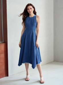 MOTF PREMIUM Đầm denim dáng chữ A, gấu bất đối xứng, chất liệu denim, dành cho nữ, thích hợp cho mùa xuân/hè. - Màu xanh lam - Xem 4