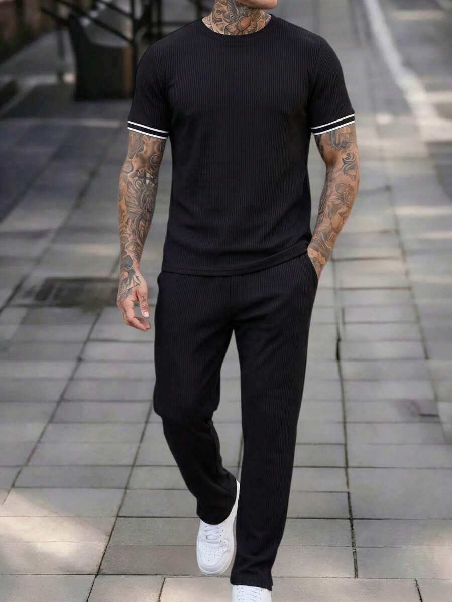 Manfinity CasualCool Men's Black Ribbed Knit 2 Piece Set,Short Sleeve T-Shirt & Pants Outfits,Casual Summer Holiday Old Money Style,Stylish Y2k Vintage Gift For Husband - Black - View 1