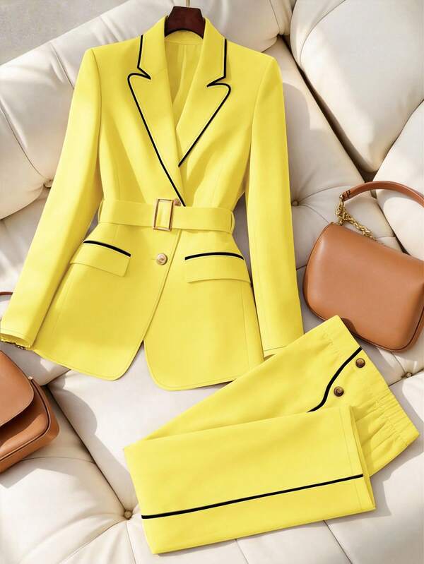 GlowEve CURVE Conjunto de blazer elegante con parches y pantalones rectos para mujer de talla grande, atuendo para ir al trabajo