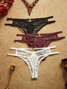 PinupPomp 3pcs Set Women's Lace Seamless T-Back Panties, Sexy - Multicolor - View 2