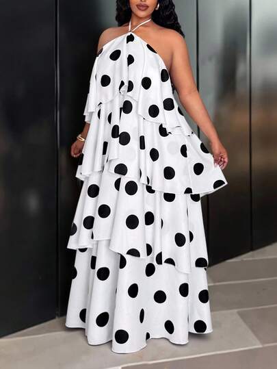 Slaydiva Elegant Black And White Polka Dot Summer Dress For Women,Sleeveless Halter Neck Multi-Layered Ruffled Tiered Maxi Dress,Holiday Chiffon Plus Size