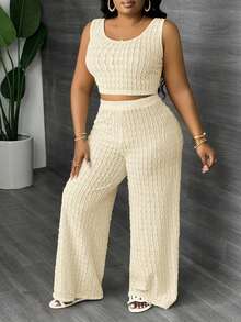 Slaydiva Plus Size Solid White Long Casual Vest And Wide Leg Pants 2 Pieces Set, Spring/Summer - Yellow - View 5