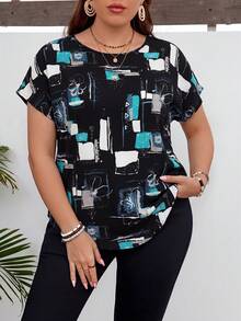 SHEIN LUNE Plus Size Artistic Line Drawing Round Neck Pullover Shirt - Multicolor - View 1