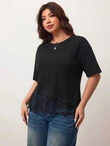 Enliva Áo thun nữ size lớn dáng rộng, áo thun ngắn tay thường ngày viền ren, dành cho dáng người quả táo và tròn trịa - màu đen - Xem 3