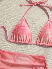 Soleia Bộ bikini hai dây buộc cổ và váy che ngoài in hoa dành cho nữ, thích hợp cho kỳ nghỉ biển. - Màu Hồng  San hô - Xem 2