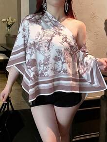 Vibekara Plus Size Women's White Summer Elegant Tea Party Printed Asymmetric Collar Batwing Sleeve Blouse,Retro Sunset Holiday Loose Fashion Hem Top,Casual - Khaki - View 5