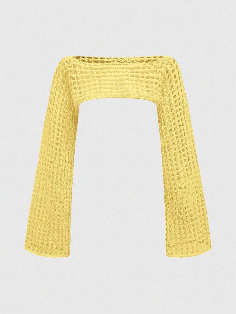 ROMWE Grunge Punk Women's Summer Vacation Hollow Out Knitted Flare Sleeve Ultra Short Sweater - Yellow - View 5