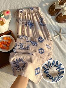 Comfortcana Quần Palazzo dáng rộng, cạp chun, màu kaki xếp ly, chất liệu vải sần, cỡ lớn, thích hợp cho kỳ nghỉ hè. - Màu Khaki - Xem 1