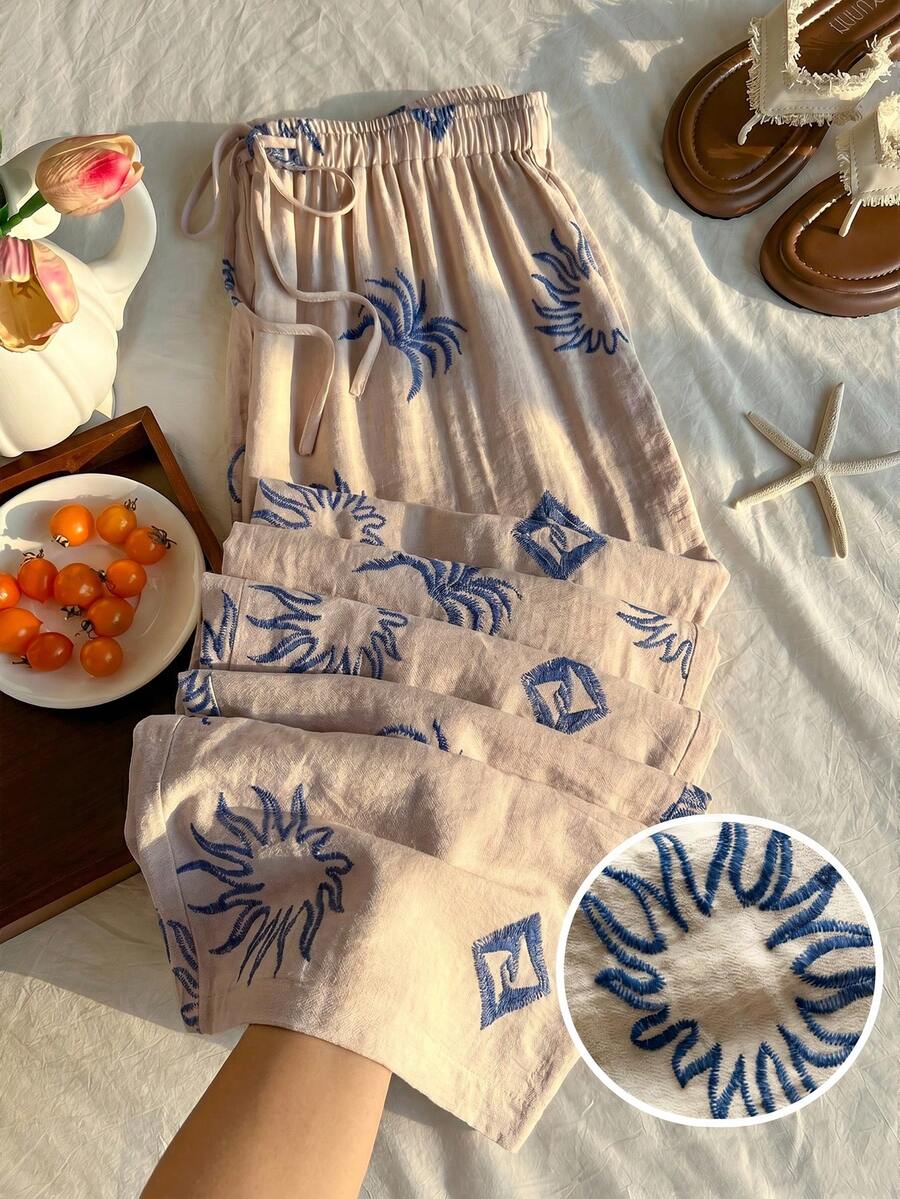 Comfortcana Quần Palazzo dáng rộng, cạp chun, màu kaki xếp ly, chất liệu vải sần, cỡ lớn, thích hợp cho kỳ nghỉ hè. - Màu Khaki - Xem 1