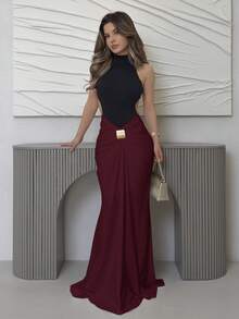 Jemour High-End Black & White Contrast Color Elegant Sexy Backless Maxi Dress, Fashion Metal Buckle Decor, Ruched Bodycon Design, Suitable For Romantic Date, Wedding, Bridesmaid, Formal Party, Work Commute, Resort Evening, Beach Vacation,Summer Dresses For Women - Red and Black - View 6