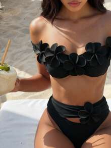 Bonvoyette Bộ bikini 2 mảnh nữ dệt kim họa tiết hoa 3D gợi cảm, phong cách thanh lịch, không gọng, cho tiệc bãi biển ngoài trời, tiệc hồ bơi, lễ Giáng sinh, mùa đông, năm mới và mùa hè, mẫu hot trend - màu đen - Xem 1