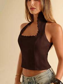 Top ajustado de mujer sin mangas con cuello cuadrado y ribete de encaje blanco sólido, primavera/verano, blusa blanca elegante - Café integral - Ver 5