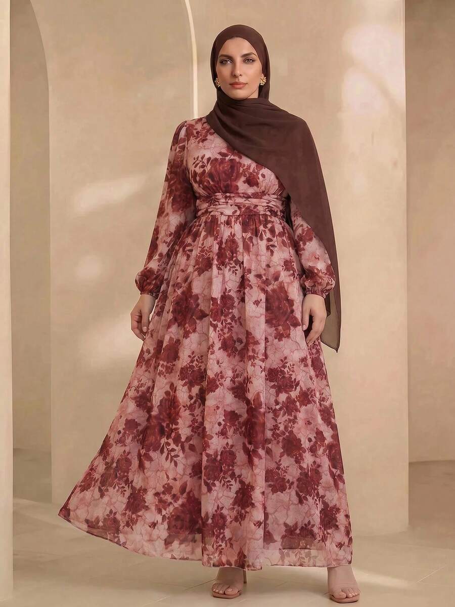 Graceveil Romantic Chiffon Floral Print Long Sleeve A-Line Maxi Dress, Plus Size, Spring/Summer Elegant Vacation - Multicolor - View 1