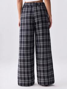 Loungeista Women's Plaid High Waist Drawstring Wide Leg Pants, Loose Fit, Suitable For Outdoor Wear, Spring/Summer/Autumn - Black and White - View 2