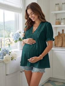 SHEIN Maternity Solid Color Ruffle V-Neck Short Sleeve Casual Shirt - Dark Green - View 2