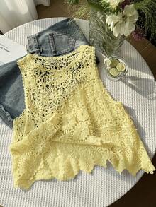 SHEIN EZwear 大码女式夏季沙滩度假休闲镂空针织背心 - 鵝黃色 - 查看 5