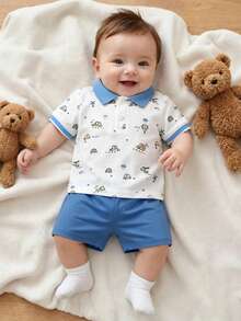 Souflis Souflis Baby Boys Spring/Summer White Sky Blue Contrast-Color POLO Collar Short-Sleeved Top And Shorts Set. Vacation Cute - Baby Blue - View 9