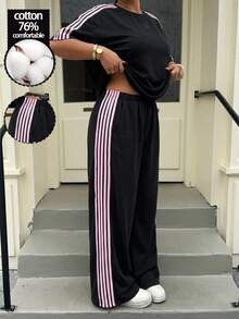 SHEIN EZwear Plus Size Women 2 Pieces Set, Patchwork Color Mid-Sleeve Top And Pants, Casual Daily Wear - Black - View 5