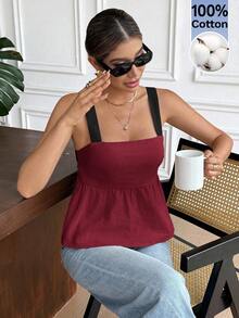 Serisse Contrast Color Backless Tie-Front Casual Summer Tank Top - Burgundy - View 2
