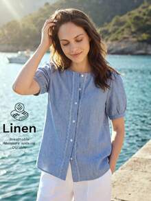 Dayvera Áo cardigan tay ngắn bằng vải lanh viền ren kiểu Pháp lãng mạn - Màu xanh nhạt - Xem 3