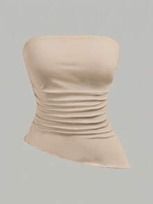 Girlism Bộ 3 áo hai dây croptop dệt kim màu đen, trắng và xanh dương dành cho nữ tuổi teen, có phần eo nhún và vạt áo bất đối xứng, kiểu dáng thể thao đường phố đa năng, dễ phối đồ. - màu nâu - Xem 5
