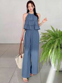 DAZY Spring Summer Blue Solid Color Ruffle Trim Sleeveless Top & Wide Leg Pants Women 2 Pieces Set - Blue - View 6